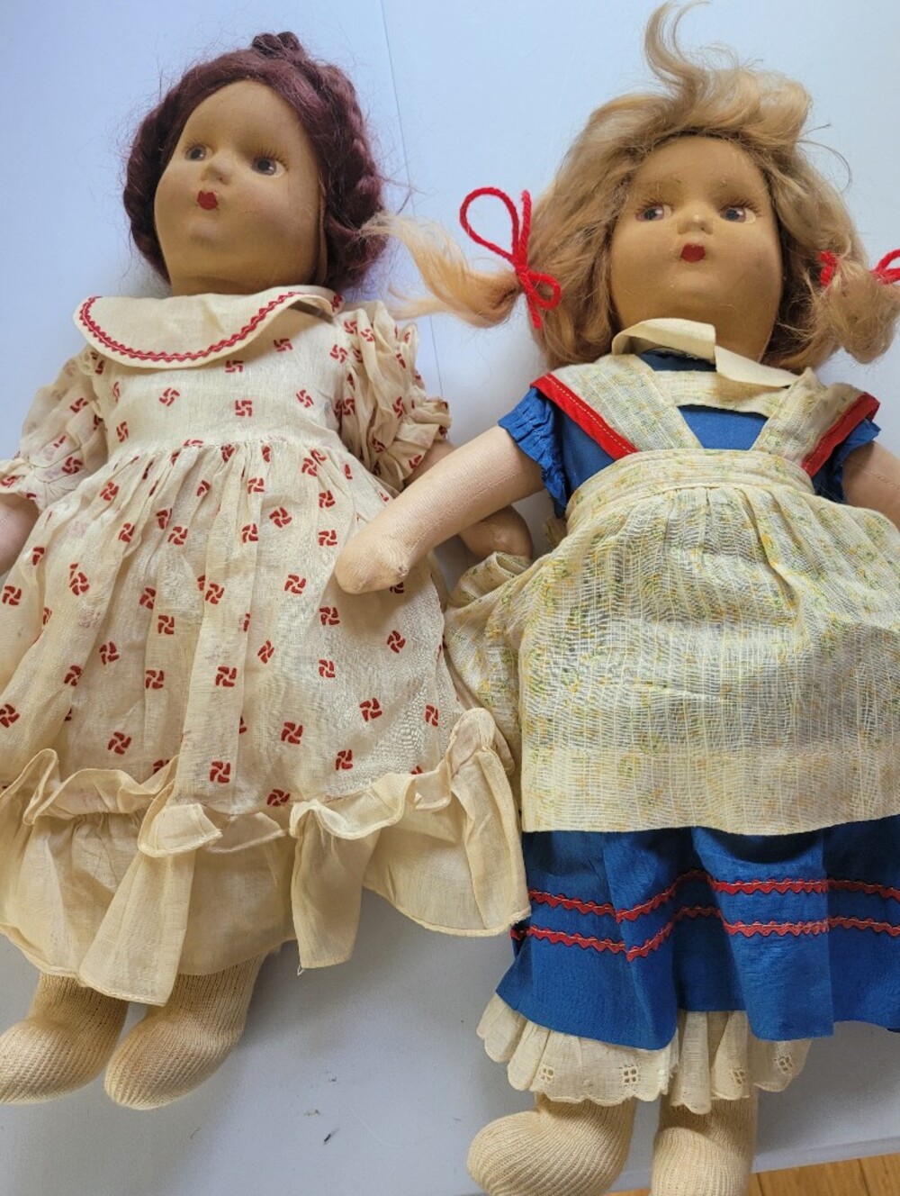 Vintage Cloth Dolls Set - Cream & Blue Fabric Play Dolls Madame Alexander